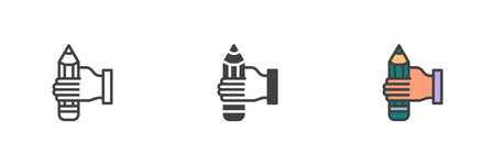 Hand holding pen different style icon set. Line, glyph and filled outline colorful version, outline and filled vector sign. Pencil in hand symbol, logo illustration. Vector graphicsのイラスト素材