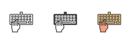 Hand typing keyboard different style icon set. Line, glyph and filled outline colorful version,...