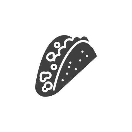 Taco with meat and toppings vector icon. filled flat sign for mobile concept and web design. Taco glyph icon. Mexican fast food symbol, logo illustration. Vector graphicsのイラスト素材