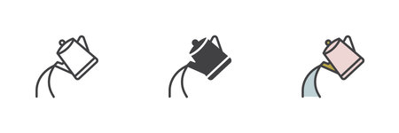 Tea pot pour different style icon set. Line, glyph and filled outline colorful version, outline and filled vector sign. Kettle pour water symbol, logo illustration. Vector graphicsのイラスト素材