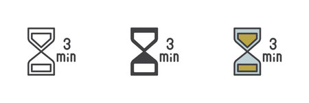 3 minute timer different style icon set. Line, glyph and filled outline colorful version, outline and filled vector sign. Hourglass timer symbol, logo illustration. Vector graphicsのイラスト素材