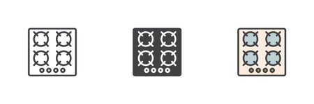 Gas stove top view different style icon set. Line, glyph and filled outline colorful version, outline and filled vector sign. Kitchen stove symbol, logo illustration. Vector graphicsのイラスト素材