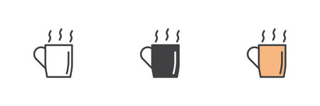 Hot coffee mug different style icon set. Line, glyph and filled outline colorful version, outline and filled vector sign. Cup of hot drink symbol, logo illustration. Vector graphicsのイラスト素材