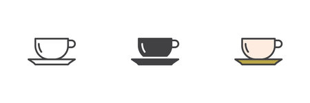 Tea cup with saucer different style icon set. Line, glyph and filled outline colorful version, outline and filled vector sign. Cafe symbol, logo illustration. Vector graphicsのイラスト素材