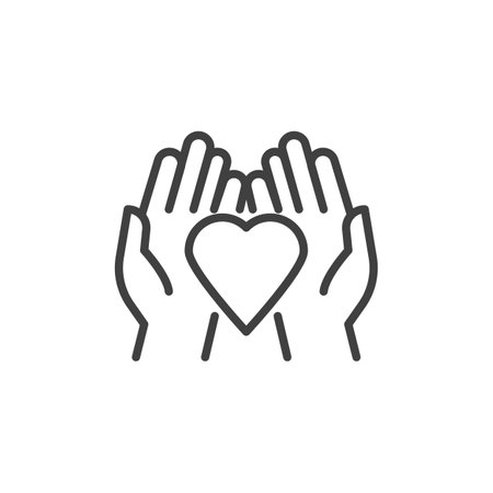 Heart in Hands line icon. linear style sign for mobile concept and web design. Hands holding a heart outline vector icon. Giving love symbol, logo illustration. Vector graphicsのイラスト素材