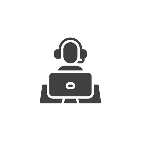 Person with laptop and headset vector icon. filled flat sign for mobile concept and web design. Command Center glyph icon. Symbol, logo illustration. Vector graphicsのイラスト素材