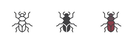Ground beetle different style icon set. Line, glyph and filled outline colorful version, outline and filled vector sign. Symbol, logo illustration. Vector graphicsのイラスト素材