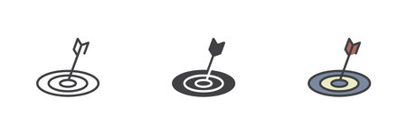 Target with arrow different style icon set. Line, glyph and filled outline colorful version, outline and filled vector sign. Targeting symbol, logo illustration. Vector graphicsのイラスト素材