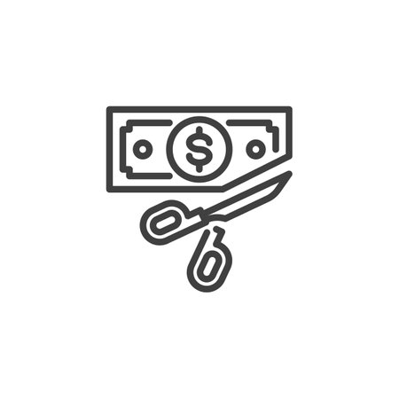 Cost Cutting line icon. linear style sign for mobile concept and web design. Scissors cut money outline vector icon. Efficiency and discipline symbol, logo illustration. Vector graphicsのイラスト素材