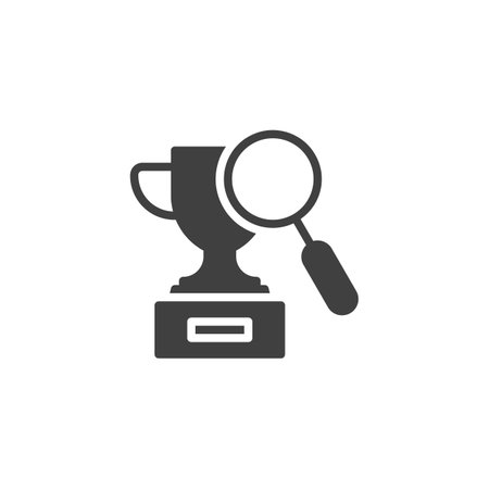A magnifying glass over a trophy vector icon. filled flat sign for mobile concept and web design. Betting Prediction glyph icon. Symbol, logo illustration. Vector graphicsのイラスト素材