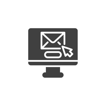 A monitor screen with email send button vector icon. filled flat sign for mobile concept and web design. Write Email glyph icon. Symbol, logo illustration. Vector graphicsのイラスト素材