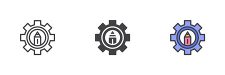 Pencil inside gear icon. Settings, customization line and glyph version, outline and filled vector sign. linear and full pictogram. Symbol, logo illustration. Different style icons setのイラスト素材