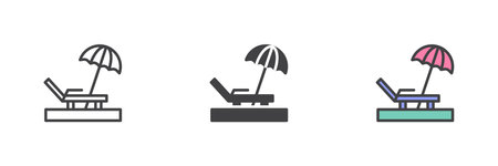 Beach chair different style icon set. Line, glyph and filled outline colorful version, outline and filled vector sign. Sunbed and parasol symbol, logo illustration. Vector graphicsのイラスト素材