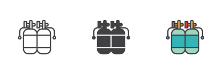 Twin oxygen tank different style icon set. Line, glyph and filled outline colorful version, outline and filled vector sign. Diving cylinders symbol, logo illustration. Vector graphicsのイラスト素材