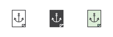 Navy Anchor Sticker different style icon set. Line, glyph and filled outline colorful version,...
