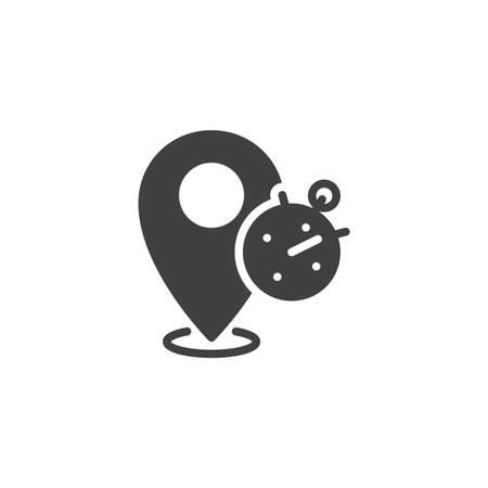 Location pin and stopwatch vector icon. filled flat sign for mobile concept and web design. Real-Time Tracking glyph icon. Symbol, logo illustration. Vector graphicsのイラスト素材