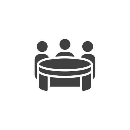 A group of people around a table vector icon. filled flat sign for mobile concept and web design. Roundtable Discussion glyph icon. Mediation, diplomacy, cooperation symbol, logo illustration. Vector graphicsのイラスト素材