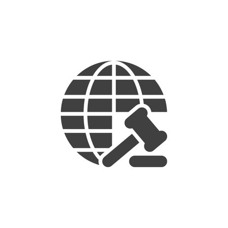 A gavel with a globe vector icon. filled flat sign for mobile concept and web design. Arbitration Gavel glyph icon. Justice, law, and arbitration symbol, logo illustration. Vector graphicsのイラスト素材