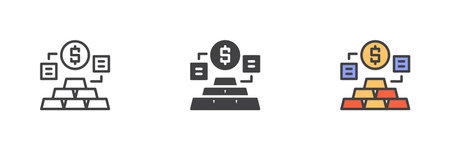 Gold bar and dollar different style icon set. Line, glyph and filled outline colorful version, outline and filled vector sign. Digital bullion symbol, logo illustration. Vector graphicsのイラスト素材