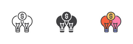 Lightbulb and dollar coin different style icon set. Line, glyph and filled outline colorful version, outline and filled vector sign. Business idea symbol, logo illustration. Vector graphicsのイラスト素材