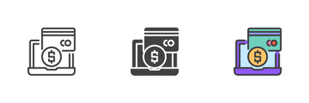 Laptop with money and credit card different style icon set. Line, glyph and filled outline colorful version, outline and filled vector sign. Online payment method symbol, logo illustrationのイラスト素材