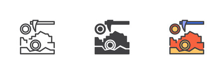 Crypto mining different style icon set. Line, glyph and filled outline colorful version, outline and filled vector sign. Pickaxe and coins symbol, logo illustration. Vector graphicsのイラスト素材