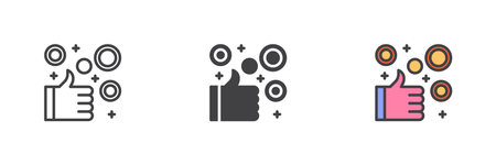 Thumbs up gesture and coins different style icon set. Line, glyph and filled outline colorful version, outline and filled vector sign. Fintech approved symbol, logo illustration. Vector graphicsのイラスト素材