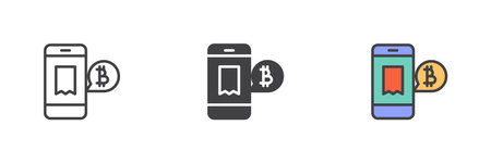 Accept bitcoin payment different style icon set. Line, glyph and filled outline colorful version, outline and filled vector sign. Smartphone with bitcoin symbol, logo illustration. Vector graphicsのイラスト素材