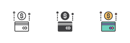 Payment method different style icon set. Line, glyph and filled outline colorful version, outline and filled vector sign. Dollar credit card symbol, logo illustration. Vector graphicsのイラスト素材