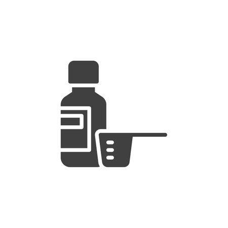 A bottle with a measuring cup or spoon vector icon. filled flat sign for mobile concept and web design. Cough Syrup glyph icon. Symbol, logo illustration. Vector graphicsのイラスト素材