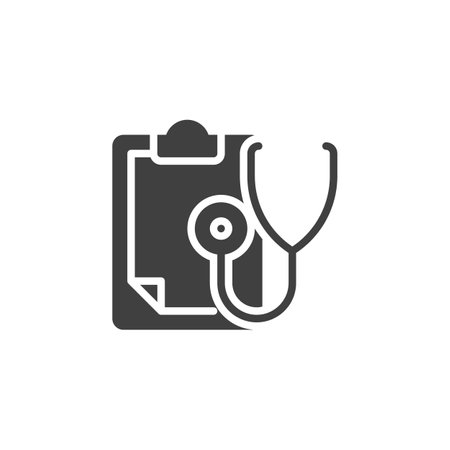 Stethoscope with clipboard vector icon. filled flat sign for mobile concept and web design. Doctor Consultation glyph icon. Medical advice symbol, logo illustration. Vector graphicsのイラスト素材