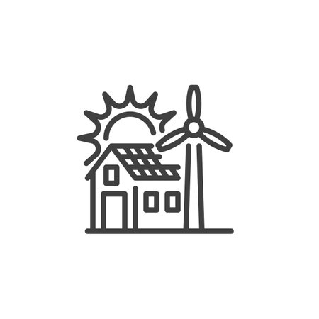 Off Grid Living line icon. linear style sign for mobile concept and web design. A house with solar panel and a wind turbine outline vector icon. Symbol, logo illustration. Vector graphicsのイラスト素材