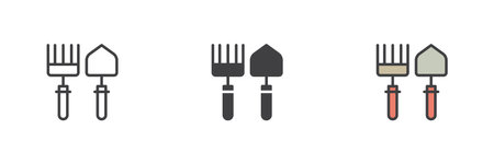 Garden tools different style icon set. Line, glyph and filled outline colorful version, outline and filled vector sign. Rake and trowel symbol, logo illustration. Vector graphicsのイラスト素材