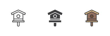 Birdhouse different style icon set. Line, glyph and filled outline colorful version, outline and filled vector sign. Symbol, logo illustration. Vector graphicsのイラスト素材