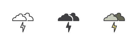 The cloud and lightning bolt different style icon set. Line, glyph and filled outline colorful version, outline and filled vector sign. Stormy weather symbol, logo illustration. Vector graphicsのイラスト素材