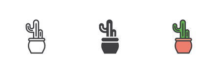 Cactus in a pot different style icon set. Line, glyph and filled outline colorful version, outline and filled vector sign. Symbol, logo illustration. Vector graphicsのイラスト素材