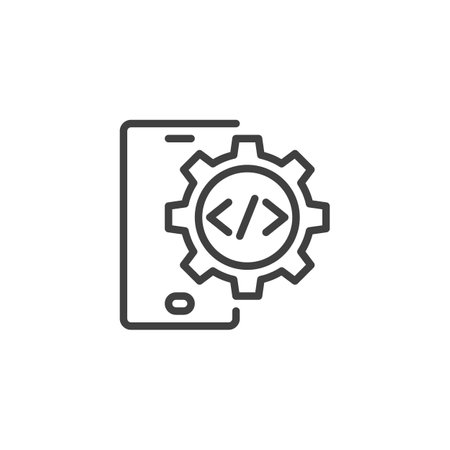 Mobile App Development line icon. linear style sign for mobile concept and web design. Smartphone with a gear and code outline vector icon. Symbol, logo illustration. Vector graphicsのイラスト素材