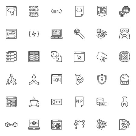 Programming and coding line icons set. linear style symbols collection, outline signs pack. Web development vector graphics. Set includes icons as Code Editor, HTML Tag, Database, Server Hostingのイラスト素材