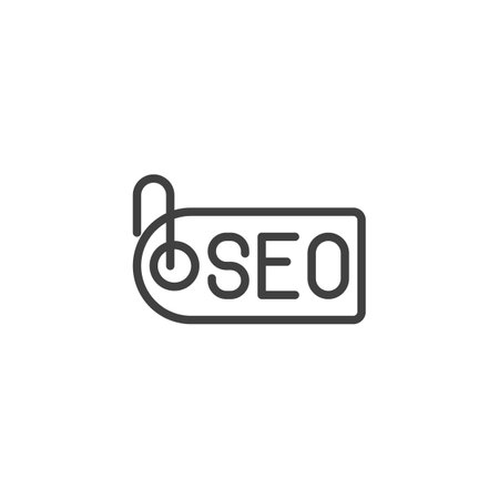SEO Tag line icon. linear style sign for mobile concept and web design. Price tag with SEO written outline vector icon. Metadata symbol, logo illustration. Vector graphicsのイラスト素材