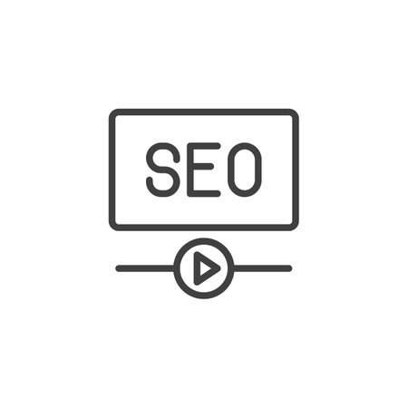 Video SEO line icon. Optimizing video content linear style sign for mobile concept and web design. A play button with an SEO outline vector icon. Symbol, logo illustration. Vector graphicsのイラスト素材