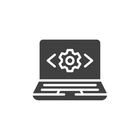 A laptop with both frontend and backend symbols vector icon. Full stack development Full stack development filled flat sign for mobile concept and web design. glyph icon. Symbol, logo illustration. Vector graphicsのイラスト素材