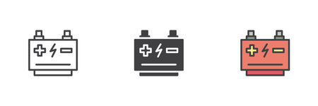 Electricity battery different style icon set. Line, glyph and filled outline colorful version, outline and filled vector sign. Symbol, logo illustration. Vector graphicsのイラスト素材