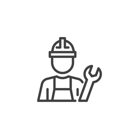 HVAC Technician line icon. linear style sign for mobile concept and web design. Technician with wrench outline vector icon. HVAC maintenance symbol, logo illustration. Vector graphicsのイラスト素材