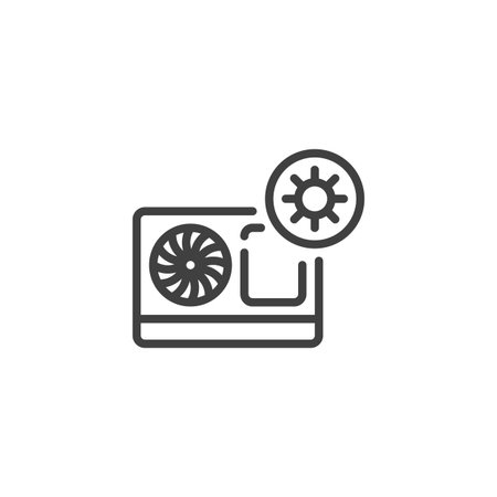 HVAC Summer Mode line icon. linear style sign for mobile concept and web design. A sun over an AC unit outline vector icon. Symbol, logo illustration. Vector graphicsのイラスト素材