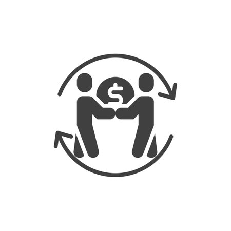 Two people exchanging coins vector icon. P2P filled flat sign for mobile concept and web design. Peer-to-Peer glyph icon. Decentralized transaction symbol, logo illustration. Vector graphicsのイラスト素材
