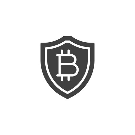 A shield with a Bitcoin symbol vector icon. filled flat sign for mobile concept and web design. Crypto Security glyph icon. Symbol, logo illustration. Vector graphicsのイラスト素材