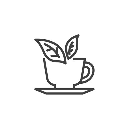 Green Tea Leaves line icon. linear style sign for mobile concept and web design. Herbal tea cup outline vector icon. Symbol, logo illustration. Vector graphicsのイラスト素材