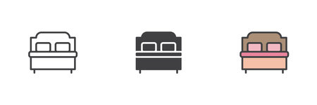 Bed with headboard, mattress, pillows different style icon set. Line, glyph and filled outline colorful version, outline and filled vector sign. Symbol, logo illustration. Vector graphicsのイラスト素材