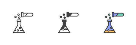 Test tube, flask, and bubbles different style icon set. Line, glyph and filled outline colorful version, outline and filled vector sign. Chemical or scientific experiment symbol, logo illustrationのイラスト素材