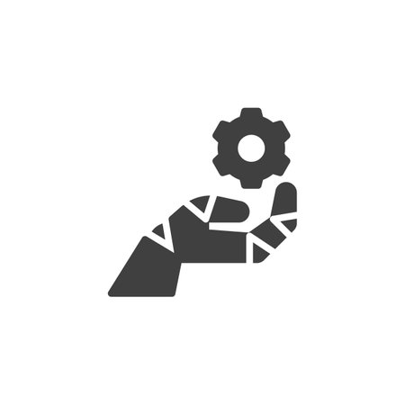 A robotic arm with a gear symbol vector icon. filled flat sign for mobile concept and web design. Task Automation glyph icon. Repetitive task elimination symbol, logo illustration. Vector graphicsのイラスト素材